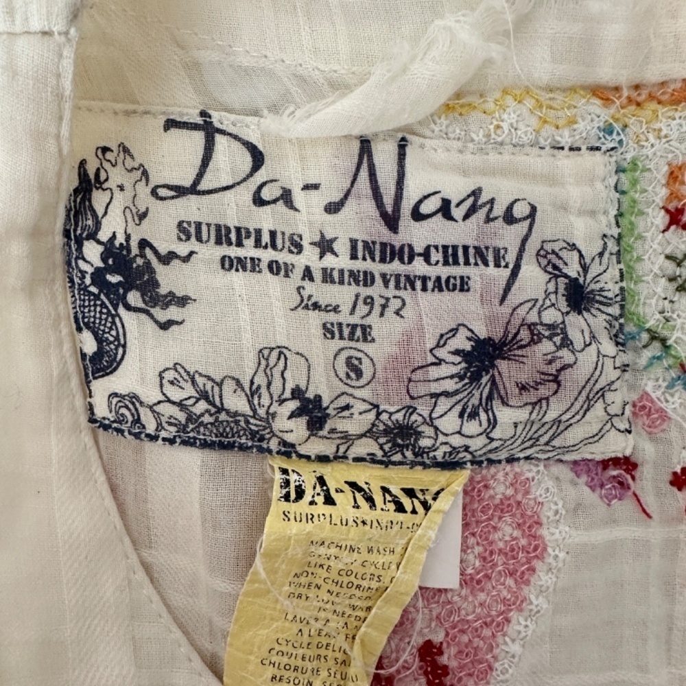 Y2K Da-Nang White Boho Sleeveless Cotton Embroidery Beaded Shift Dress Size S - Picture 13 of 15